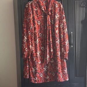 Floral Red Dress with Bow Tie